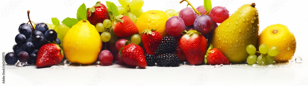 Fototapeta premium Banner with colored fruits on isolated white background. Generative AI