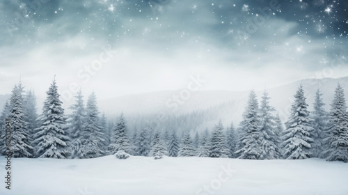 Christmas background with fir snow covered forest.