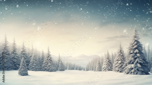 Christmas background with fir snow covered forest.