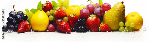 Banner with colored fruits on isolated white background. Generative AI