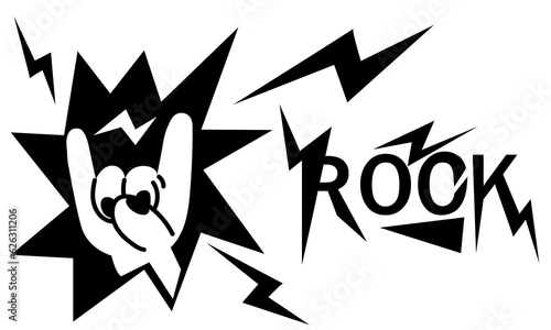 A hand on the background of an explosion with lightning. A musical sign of a rock festival, a two-handed gesture, an isolated cartoon illustration with an inscription. Insulated heavy metal lever