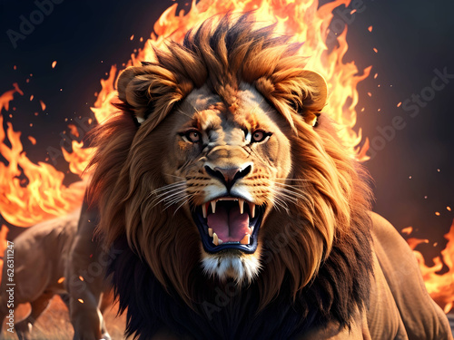 angry lion and flames. Wildlife Animals. Illustration