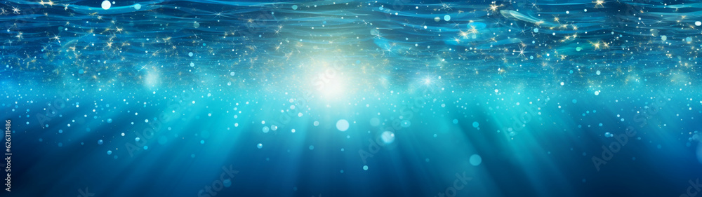Banner with abstract blue underwater shiny background. Rays of sun. Copy space. Generative AI Banner with abstract blue underwater shiny background. Rays of sun. Copy space. Generative AI