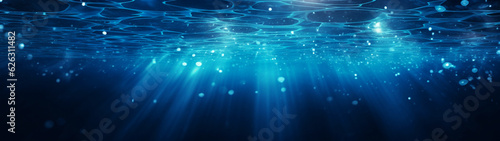 Banner with abstract blue underwater shiny background. Rays of sun. Copy space. Generative AI