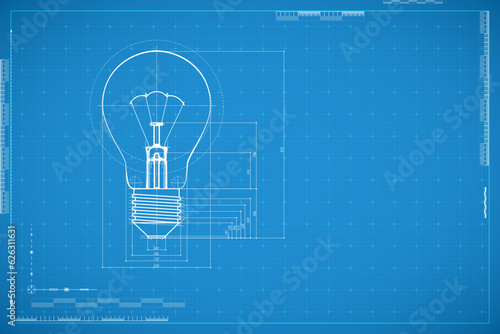 Blueprint of bulb lamp. Concept of design thinking, innovation, new creative idea, business solution, inspiration, new begining and brainstorming. Abstract technology background in blue color.