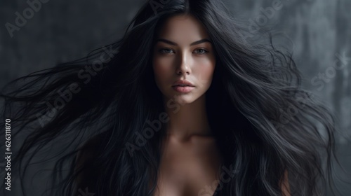 Beautiful model woman with long hairstyle. Care and beauty hair products. 