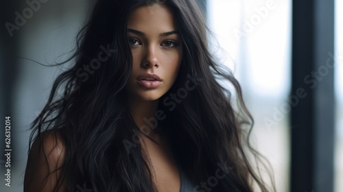 Beautiful model woman with long hairstyle. Care and beauty hair products. Generative AI