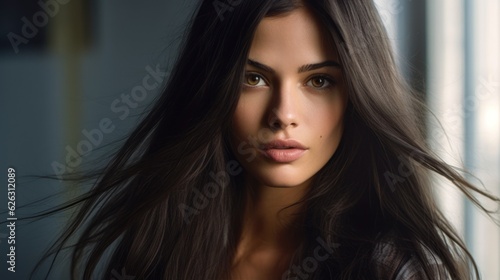 Beautiful model woman with long hairstyle. Care and beauty hair products. Generative AI