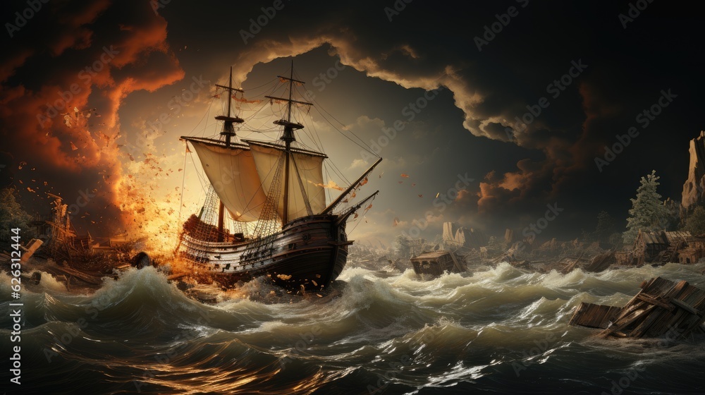 Obraz premium Sailing ship in a storm generated by AI