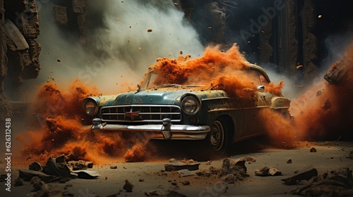 Car with the effect of destruction and explosion generated by AI