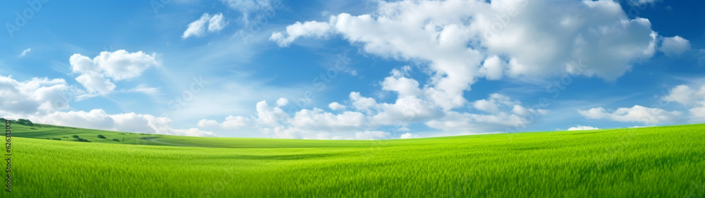 Banner with  green grass field and blue sky background. Beautiful nature landscape.  Generative AI