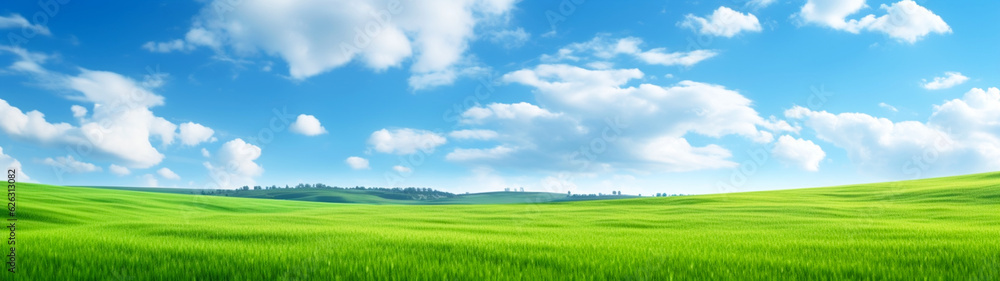Banner with green grass field and blue sky background. Beautiful nature landscape. Generative AI Banner with green grass field and blue sky background. Beautiful nature landscape. Generative AI