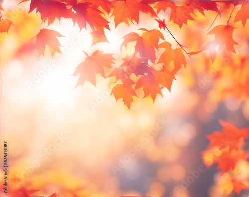 Autumn yellow  orange background with leaves and bokeh. AI