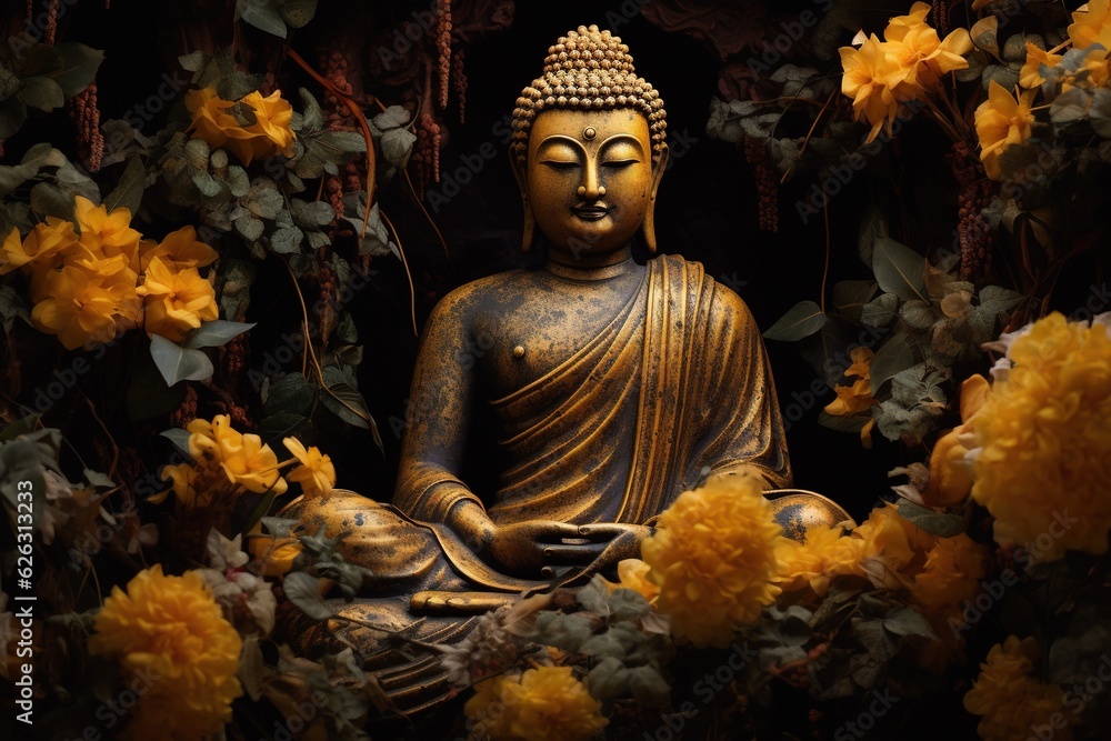 Buddha statue with yellow flowers on black background
