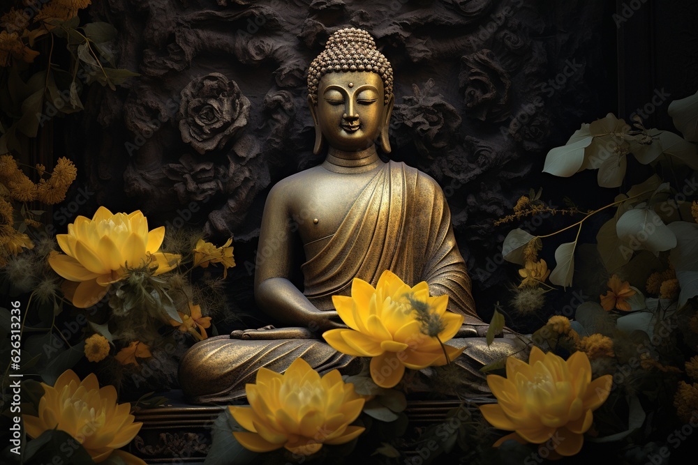 Buddha statue with yellow flowers on black background
