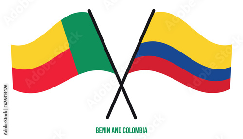 Benin and Colombia Flags Crossed And Waving Flat Style. Official Proportion. Correct Colors.