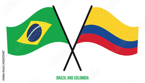 Brazil and Colombia Flags Crossed And Waving Flat Style. Official Proportion. Correct Colors.