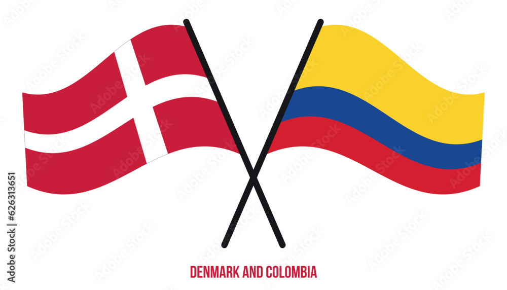 Denmark and Colombia Flags Crossed And Waving Flat Style. Official Proportion. Correct Colors.
