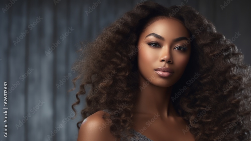 Fototapeta premium Beautiful ebony african model woman with long hairstyle. Care and beauty hair products. Generative AI