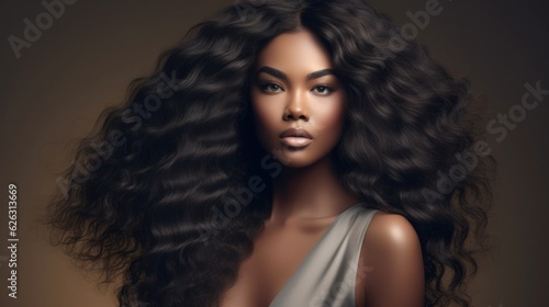 Beautiful ebony african model woman with long hairstyle. Care and beauty hair products. Generative AI