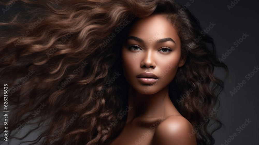 Fototapeta premium Beautiful ebony african model woman with long hairstyle. Care and beauty hair products.