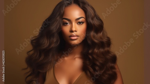 Beautiful ebony african model woman with long hairstyle. Care and beauty hair products. 