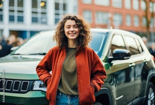 A happy teenage female standing beside new car, expressing pride and satisfaction in her achievement of obtaining a driver license and new car, symbolizing freedom and independence