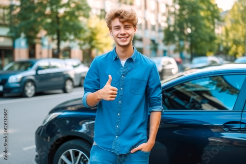 Fototapeta A happy teenage male standing beside new car, expressing pride and satisfaction