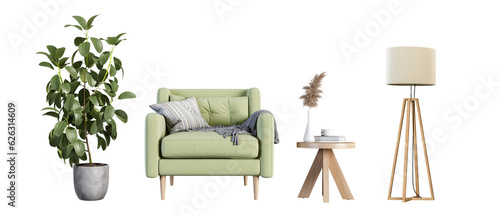 Front view armchair and plant on white background 
