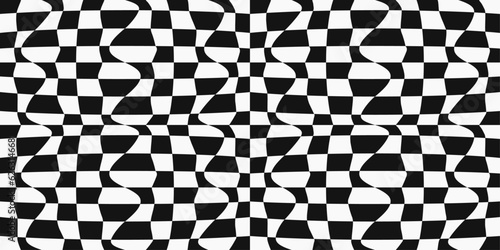 Checkerboard pattern from black and white racing phage, crooked checkerboard cells. For print and seamless use.