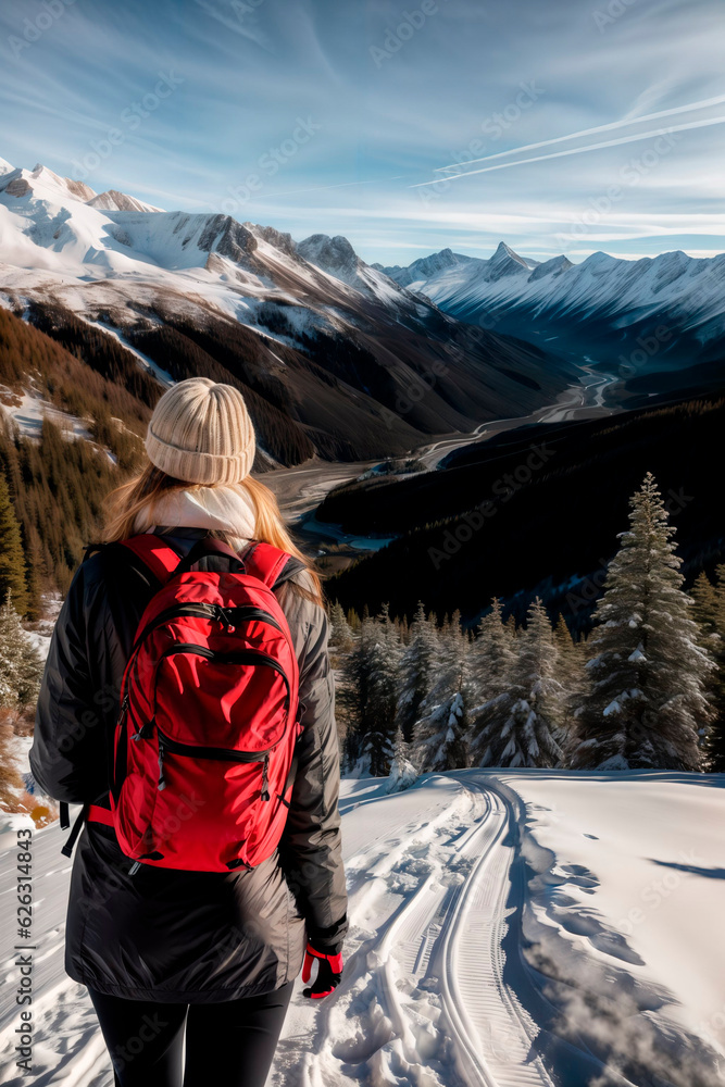 Young tourist woman is hiking on the mountains. Hiking in Himalaya mountains. Woman Traveler with Backpack hiking in the Mountains. mountaineering sport lifestyle concept.
