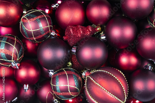 Top view of Christmas balls, red colour. Decorative object top view.