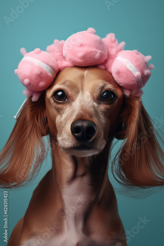 Dog in curlers. Grooming spa salon concept. Generative AI