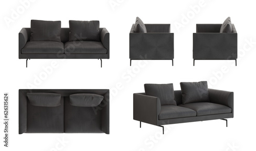 Fotografía Set of five views of a modern three-seater sofa with a black leather cover, armrests and back of the same height, cushion, black legs