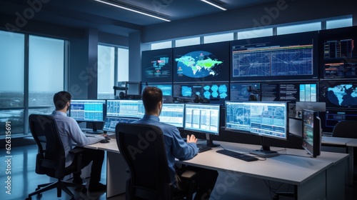 Network operations center ( NOC) with technicians monitoring network traffic, troubleshooting issues, and ensuring network performance