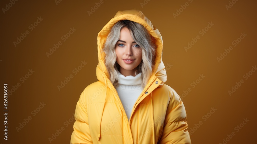 Happy young woman standing isolated over yellow background wearing a warm clothes, and warm scarf and looking camera. Generative Ai. Happy young woman standing isolated over yellow background wearing a warm clothes, and warm scarf and looking camera. Generative Ai.