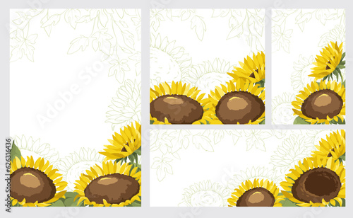 Collection of templates for postcards or invitations for a summer holiday. Set of vector backgrounds various formats with sunflowers and leaves.