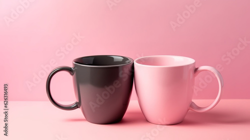 Coffee in paper glass and lilac branch on two color gray and pink background. Generative Ai