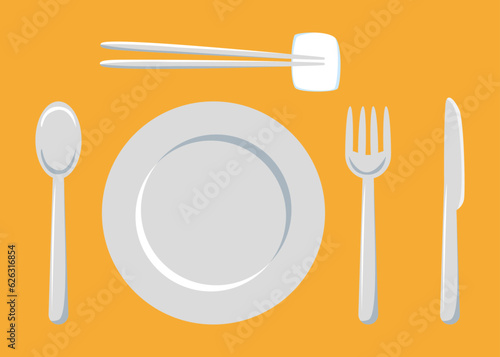 plate and knife, fork and spoon, dishware for breakfast, lunch, dinner
