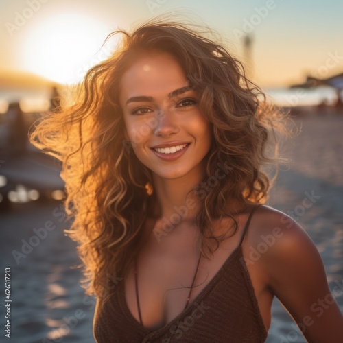 Happy Beautiful young woman is smiilng on the beach.  © Viktor