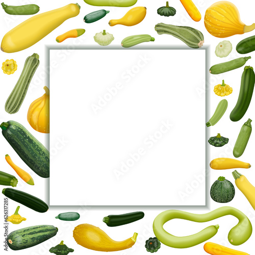 Square banner with different types of summer squash. Cucurbita. Cucurbitaceae. Fruits and vegetables. Isolated vector illustration. Template.