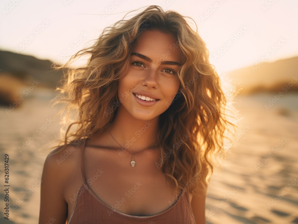 Happy Beautiful young woman is smiilng on the beach. 