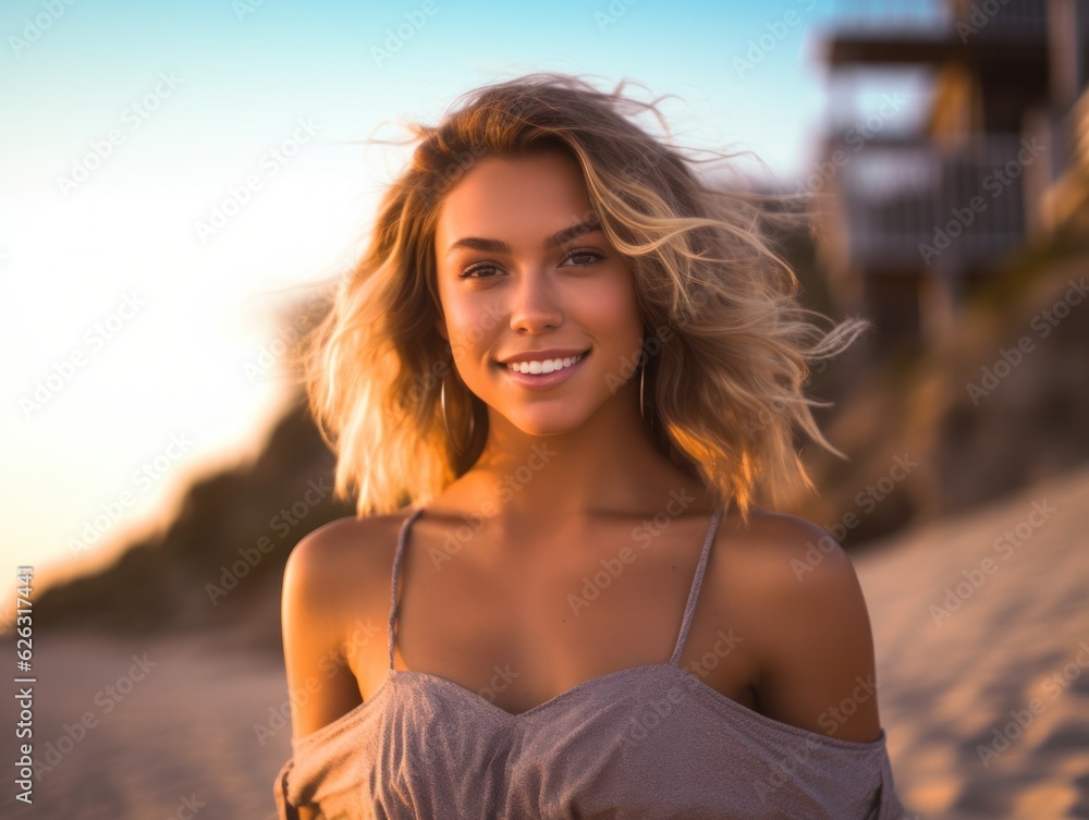 Happy Beautiful young woman is smiilng on the beach. Happy Beautiful young woman is smiilng on the beach.