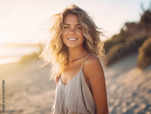 Happy woman walking on beach. Beautiful fit body girl on travel vacation 