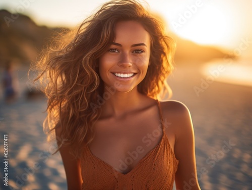 Happy woman walking on beach. Beautiful fit body girl on travel vacation 