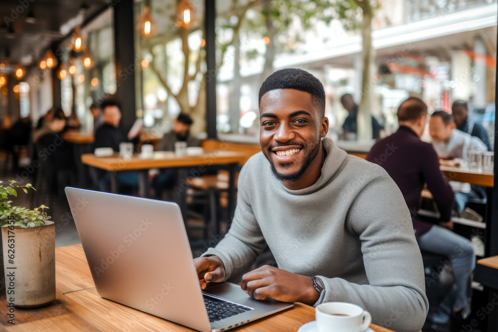 African American man working on a laptop computer in a busy cafe, a portrait of a successful person African American man working on a laptop computer in a busy cafe, a portrait of a successful person
