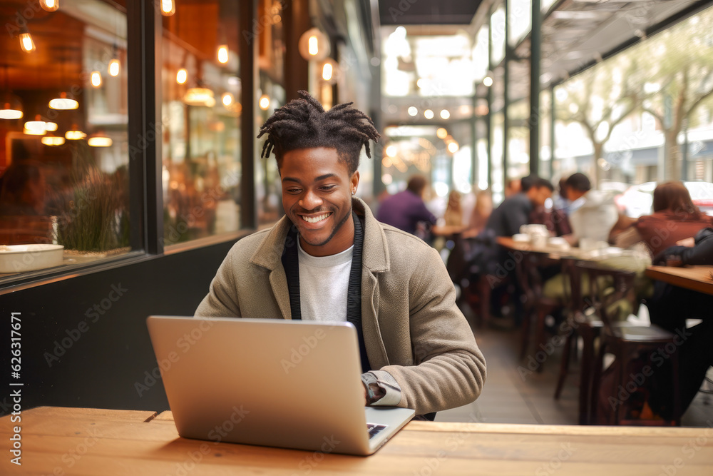 Fototapeta premium African American man working on a laptop computer in a busy cafe, a portrait of a successful person