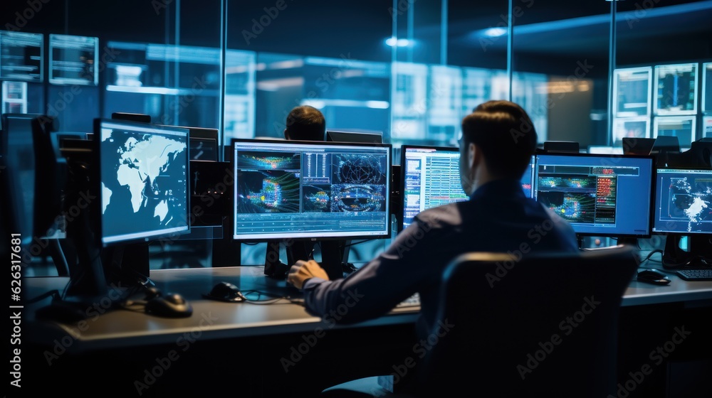 Network operations center ( NOC) with technicians monitoring network traffic, troubleshooting issues, and ensuring network performance Network operations center ( NOC) with technicians monitoring network traffic, troubleshooting issues, and ensuring network performance
