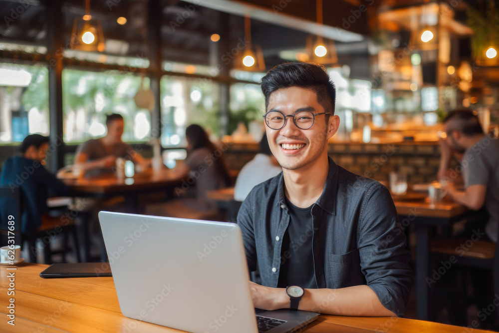 Asian man working on a laptop computer in a busy cafe in the city, a portrait of a successful man Asian man working on a laptop computer in a busy cafe in the city, a portrait of a successful man
