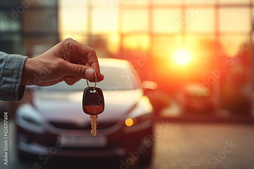 Close-up of a man's hand holding a key with a blurred car and a car dealership in the background. The concept of rent or sale. © OleksandrZastrozhnov